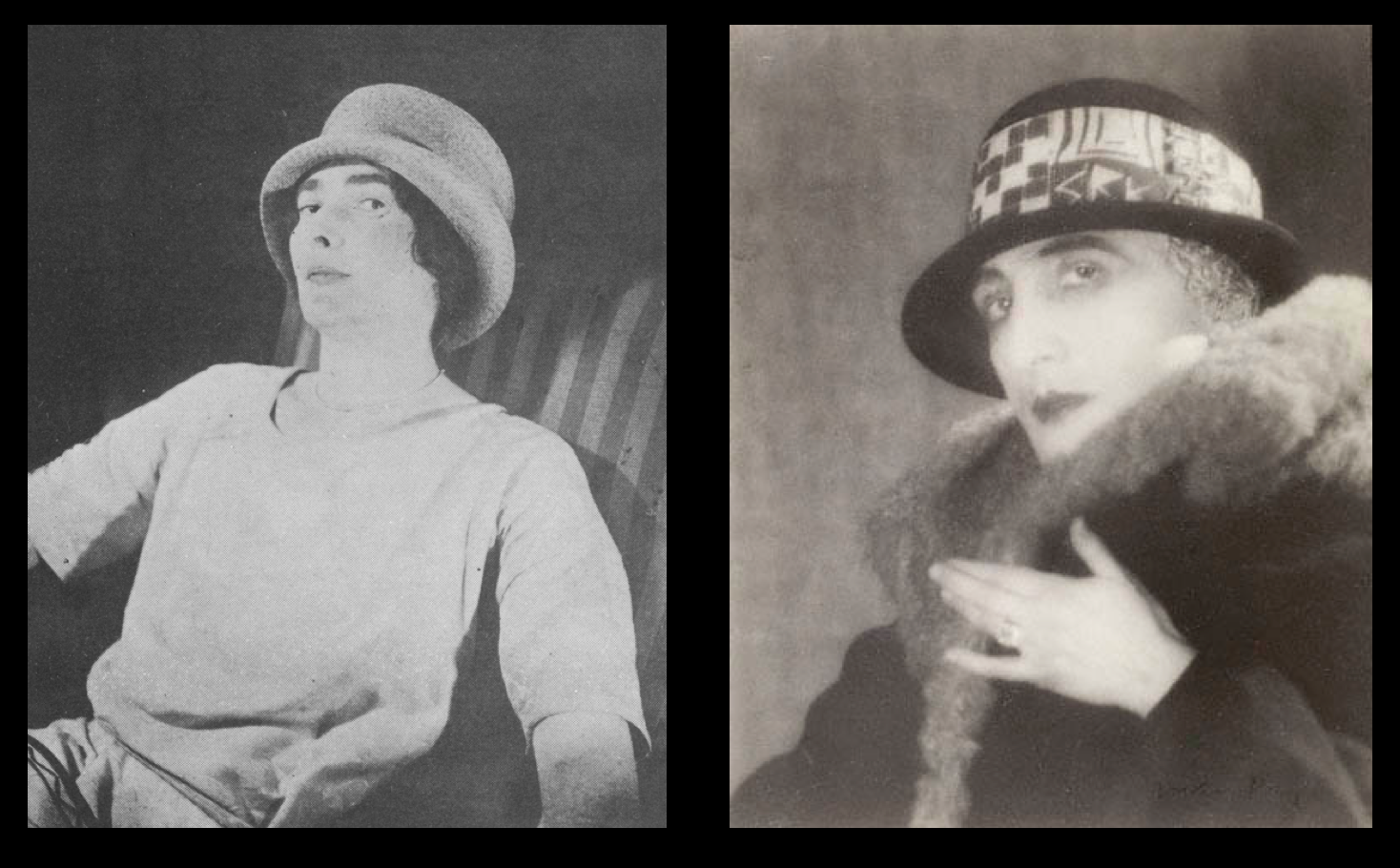 Black and white photos of Mina Loy and Man Ray, both wearing small-brimmed hats, 3/4 view, prominent eyebrows, and unsmiling closed lips.