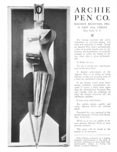 Ad for Archie Pen Co. featuring futuristic metal pen in shape of human form.