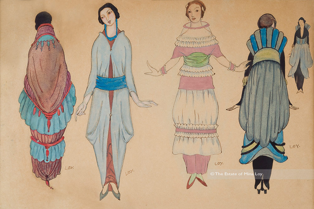drawing by Mina Loy of 4 women's dresses, one show front and back