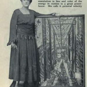 image of Frances Stevens standing beside her futurist painting