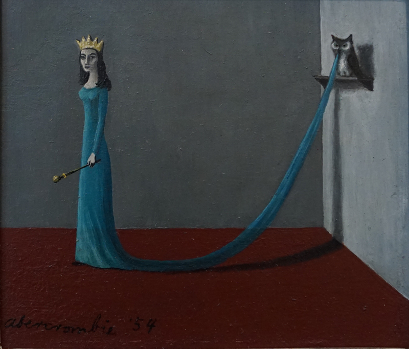 painting of slim female figure dressed in blue standing in empty room, her train attached to shelf on wall on which stands an owl