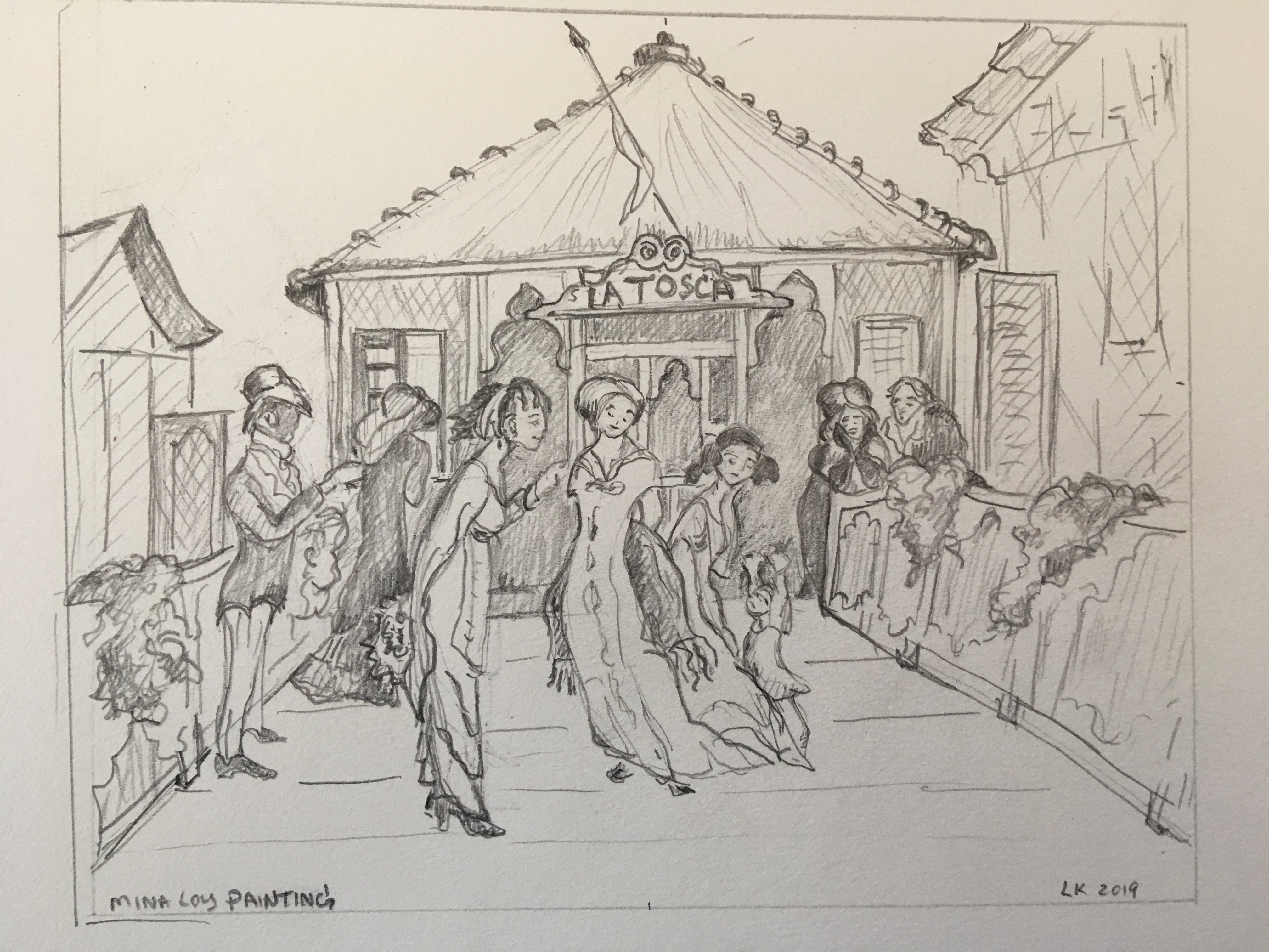 pencil drawing of figures in front of theater