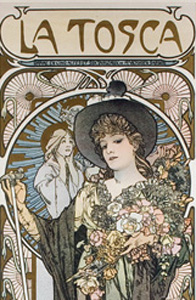 poster of woman in hat holding flowers in poster for La Tosca