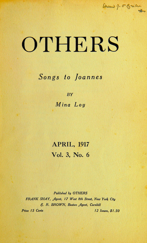 Yellow cover of April 1917 issue of Others Magazine, featuring Loy's Songs to Joannes