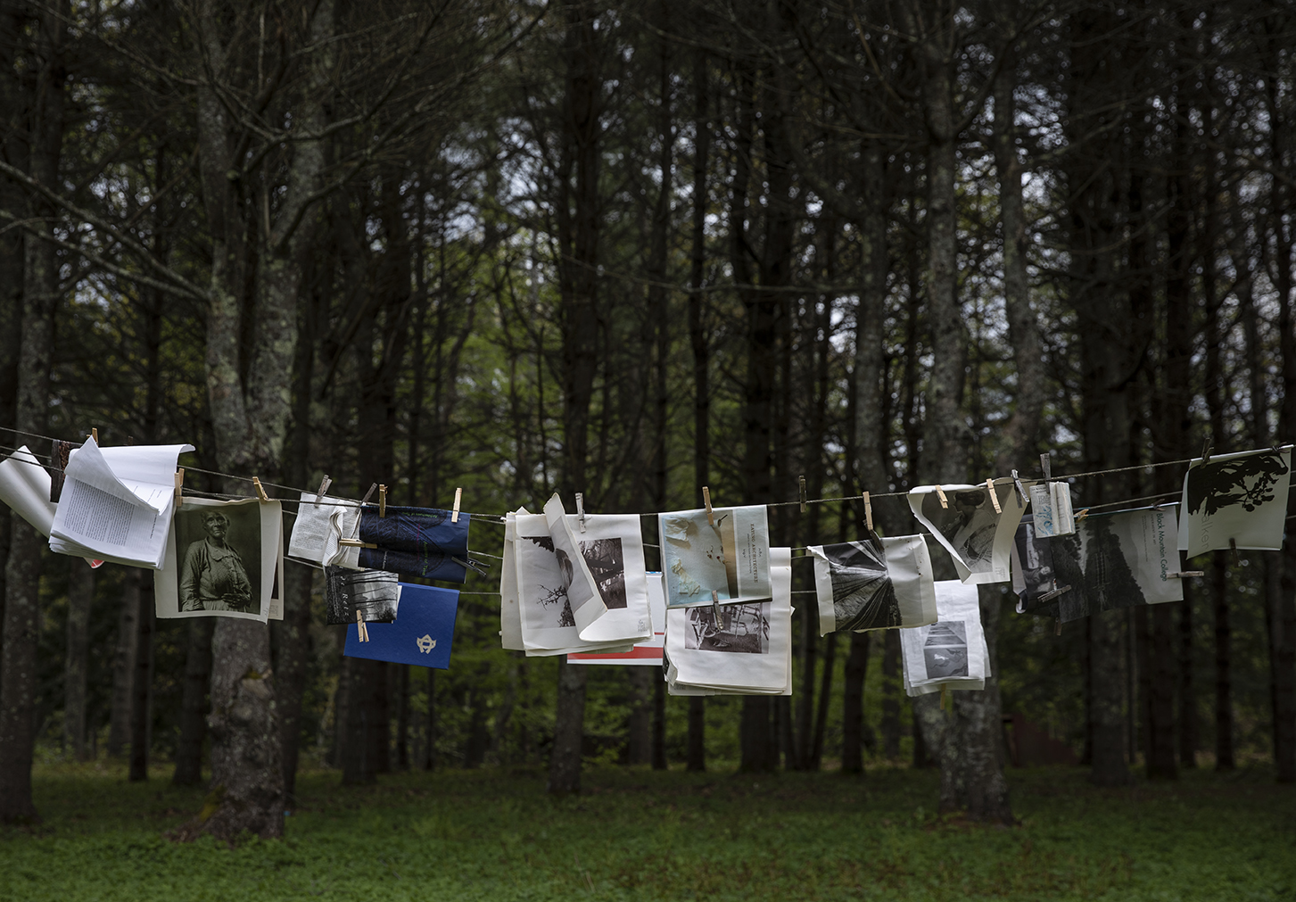 closeline with magazines, manuscripts and photos clipped to it, in front of dark woods.