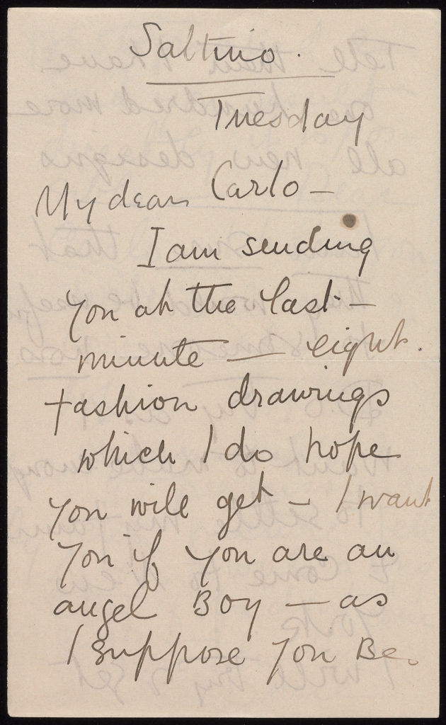 letter from Carl Van Vechten to Loy, about fashion sketches