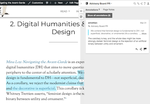 screen shot of Hypothesis annotation in sidebar next to text from one of the scholarly chapters