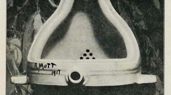 Black & white photo of overturned urinal, signed R. Mutt