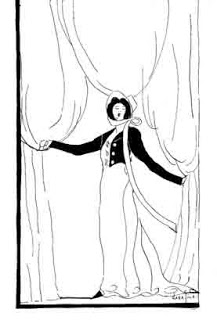 illustration of figure surrounded by curtains by Clara Tice