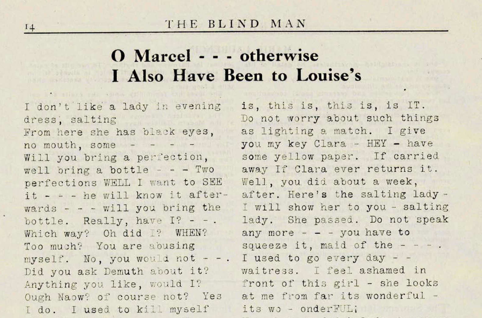 Excerpt from top of the page of Loy's "O Marcel"