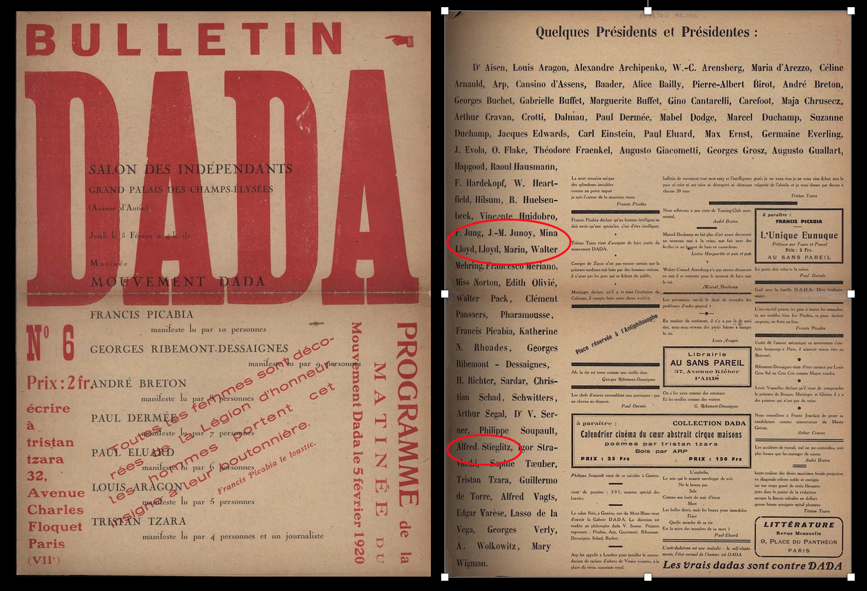 Two page spread of Bulletin Dada with Stieglitz and Loy's names circled in red.
