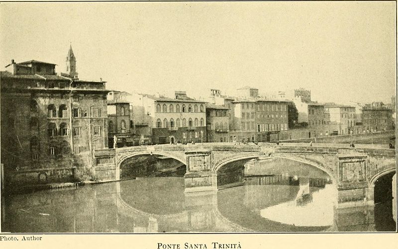 bridge over Arno river with buildings, 1910