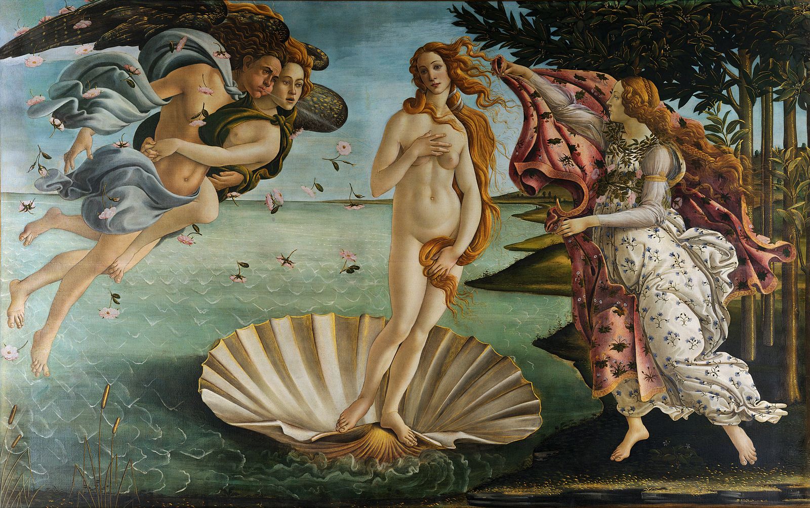 this painting portrays a nude woman standing in a large scallop shell
