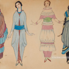 drawing by Mina Loy of 4 women's dresses, one show front and back