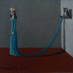 painting of slim female figure dressed in blue standing in empty room, her train attached to shelf on wall on which stands an owl