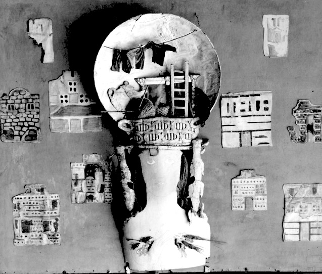 black and white image of Househunting, a multimedia construction of a bust of a woman wearing a headdress