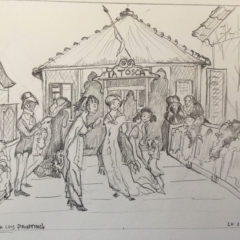 pencil drawing of figures in front of theater