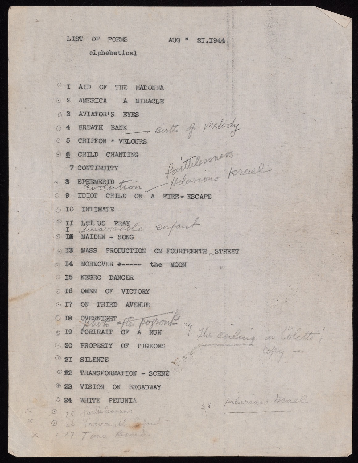 typed list of loy poems 1944