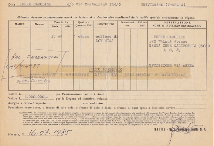 customs document identifying Loy's collage