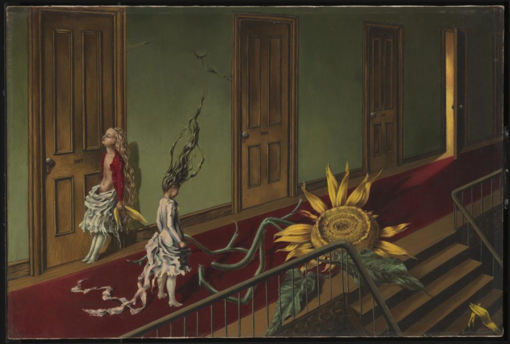 painting of two girls and giant sunflower