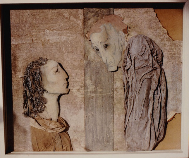Two figures in profile: female on left gazes sympathetically at a male figure who looks askance.