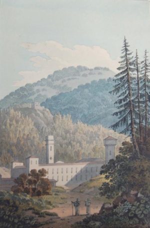 watercolor of Italian mountains and monastery at Vallombrosa