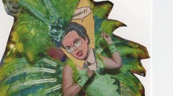 collage of chiquita banana woman with angry cartoon face and glasses