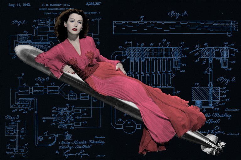 Hedy Lamarr superimposed on electrical diagram