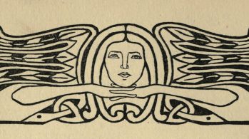 postcard with stylized ink drawing of woman with wings
