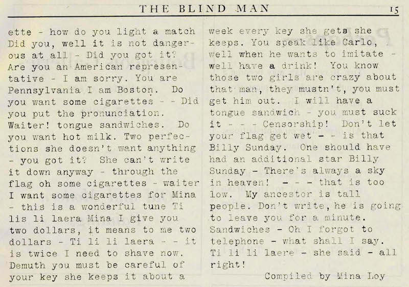 excerpt from second page of Loy's "O Marcel" In Blind Man