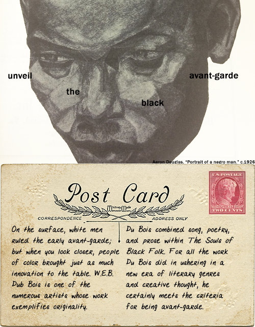 postcard combining Aaron Douglas drawing with argument for including WEB DuBois in avant-garde